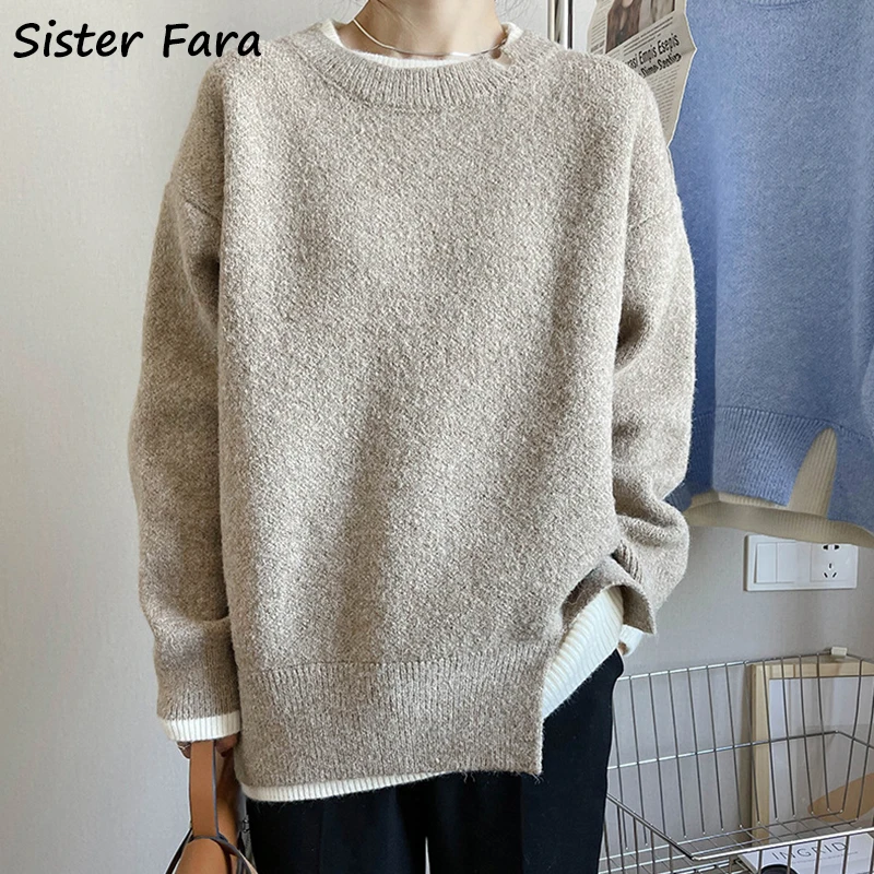 

Женский свитер с круглым вырезом Sister Fara, Свободный вязаный пуловер с разрезом, теплый Повседневный свитер для осени и зимы, 2022