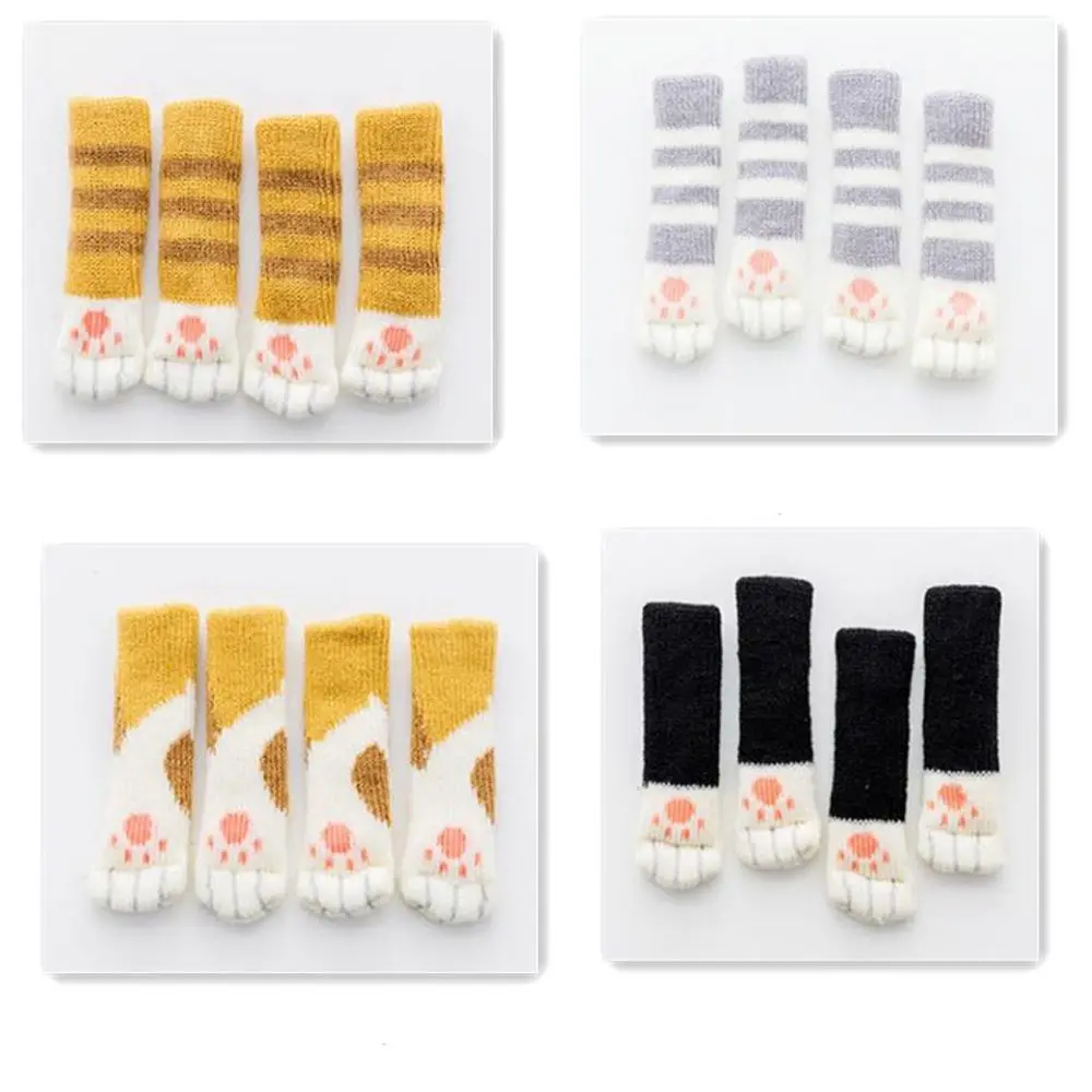 4pcs/set Chair Leg Cover Socks Cute Cat Paws Pattern Floor Protector Table Foot Knitting Anti-slip Door Handle |