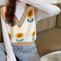 women sweater knitted korean fashion sunflower jacquard long sleeve cropped sweater preppy style kawaii o neck female vest