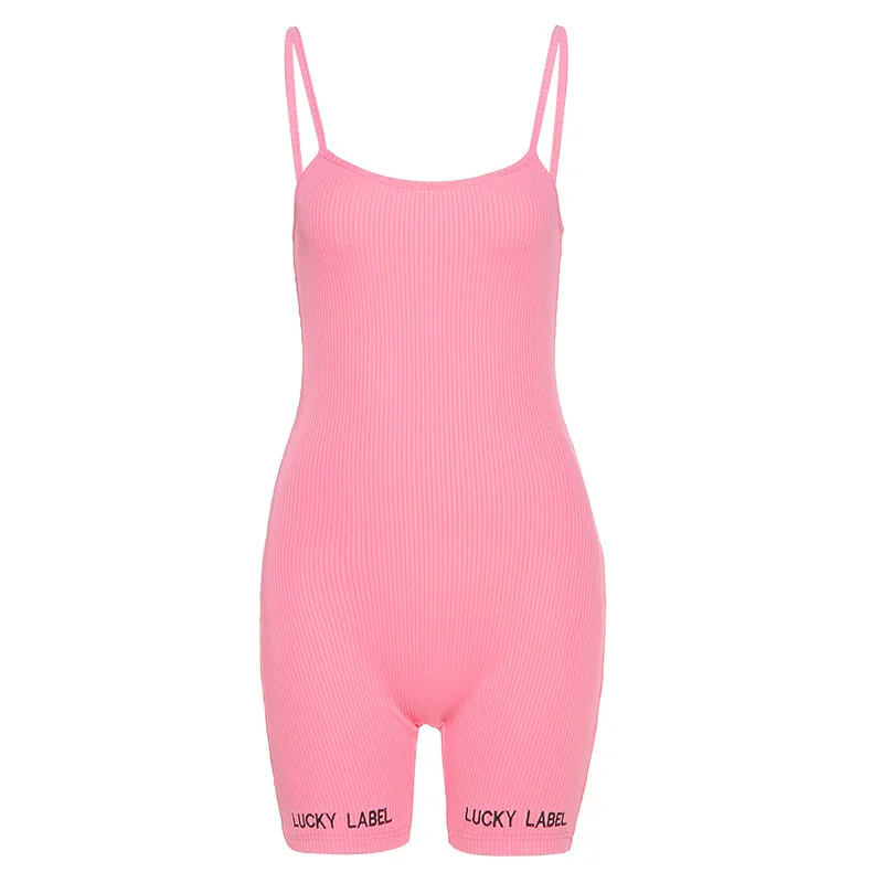

2020 summer fitness tracksuit women high street embroidery letter solid slim female playsuit knitting backless sling romper