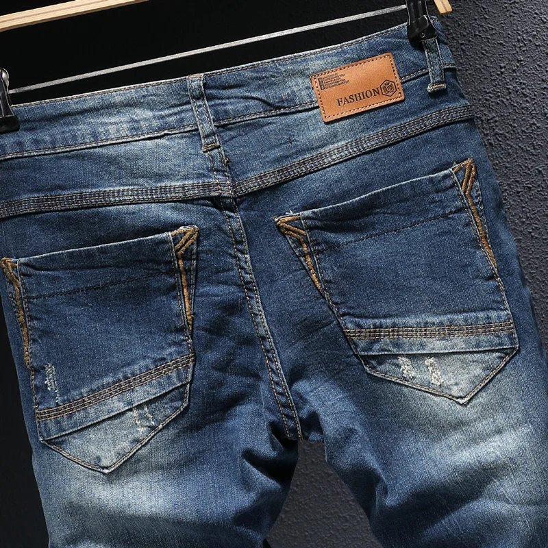 European Vintage Fashion Men Jeans Retro Dark Blue Elastic Slim Fit Ripped Jeans Men Korean Style Street Designer Denim Pants