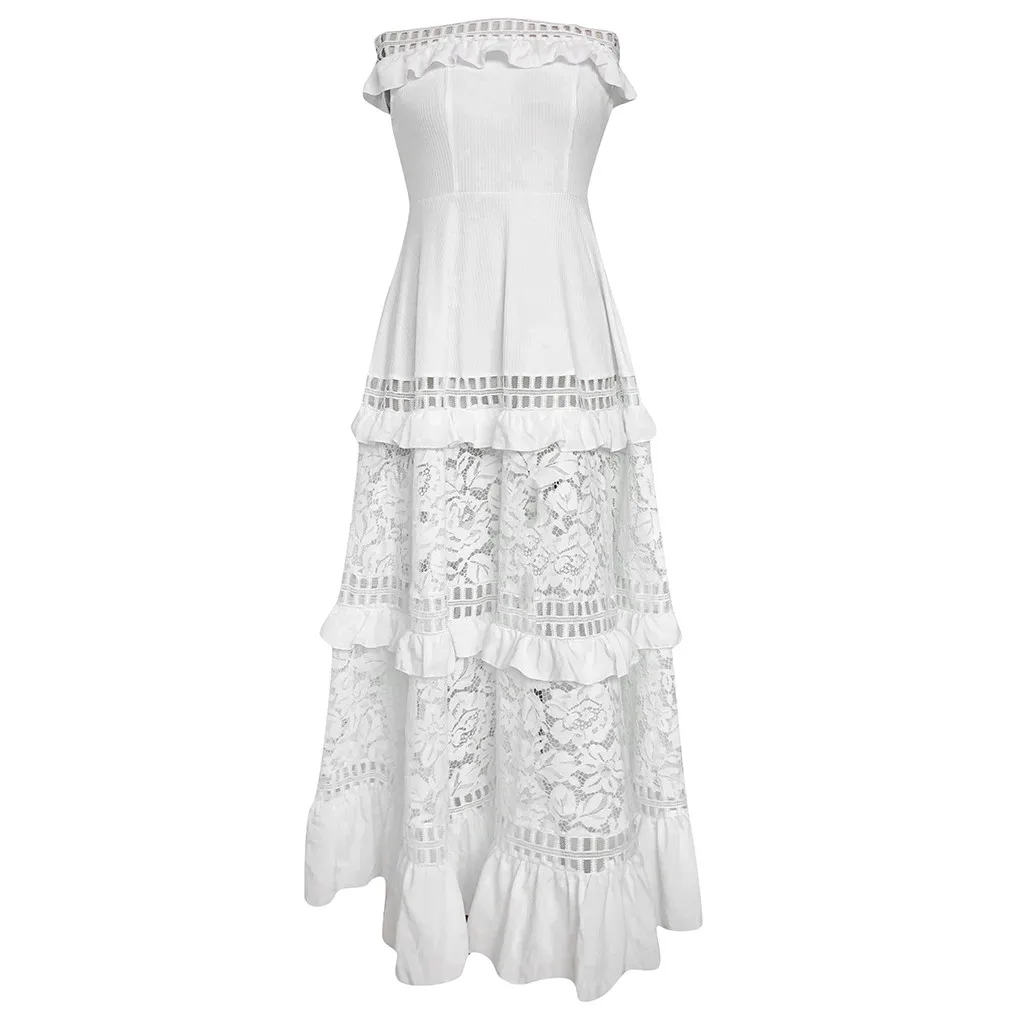 Женское платье с открытыми плечами Boho белый праздничный кружевной ажурный