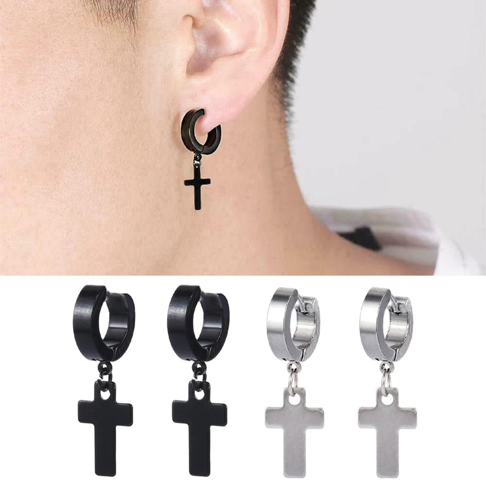 

New Fashion Black Silver Color Earrings Spike Rivet Hoop Huggie Gothic Stainless Steel Cross Clip Men Womem Dangle Earrings Gift