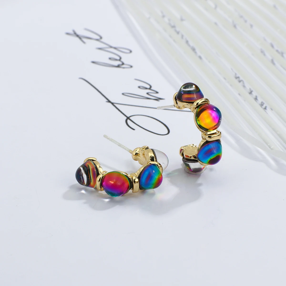 

Lifefontier Colorful Natural Stone Small Hoop Earrings for Women C Shaped Copper Alloy Earrings Korean Fashion Jewelry 2021