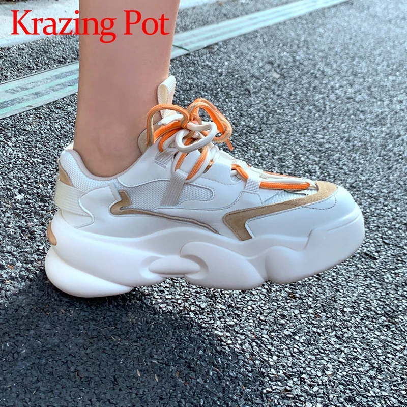 

Кроссовки Krazing pot из бычьей кожи, дышащая сетчатая Повседневная модная обувь на плоской платформе, с круглым носком, на шнуровке, Нескользящи...