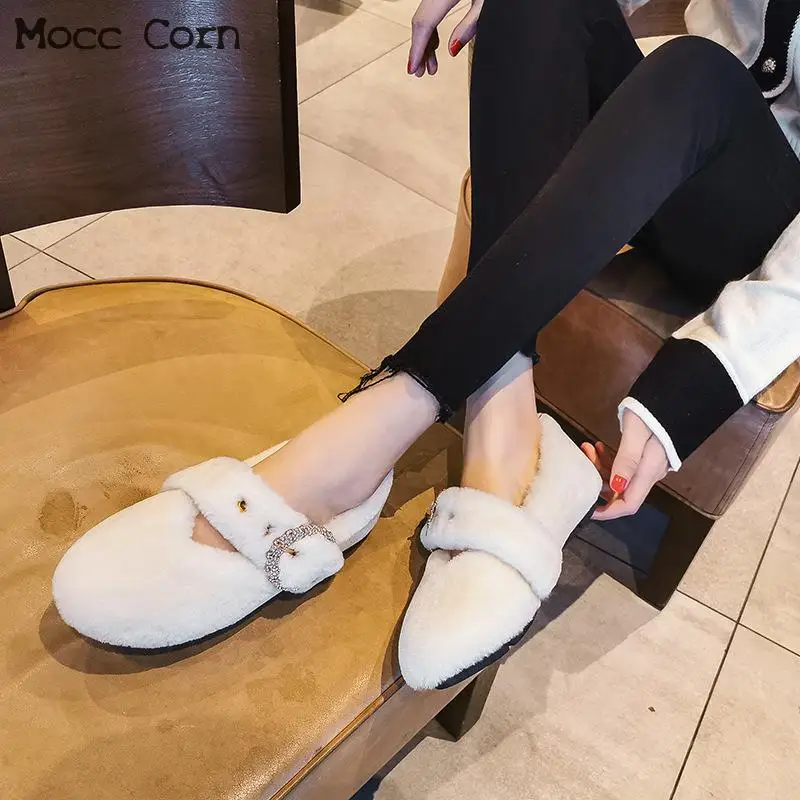 Балетки женские с кристаллами плюшевые плоская подошва меховые теплые без