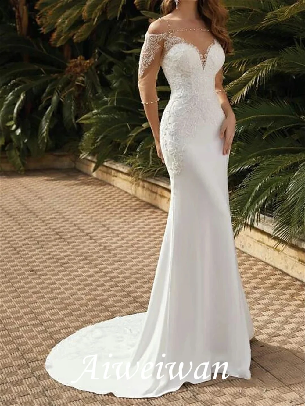 

Trumpet Wedding Dresses Square Neck Sweep /Brush Train Lace Satin Tulle Half Sleeve Sexy See-Through with Pearls Embroidery 2021