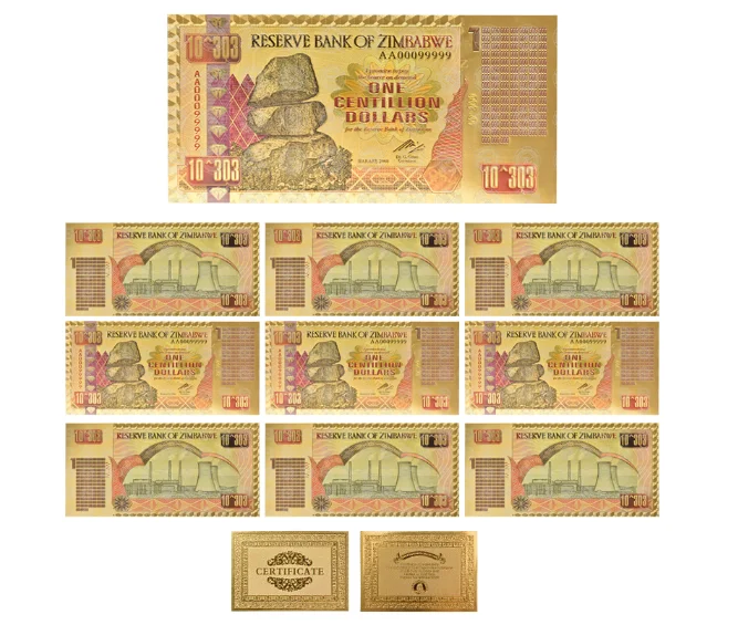 10pcs 1 Centillion Zimbabwe$ Z100 триллион/100 кинтриллион/5 октиллион/100 декальон долларовые банкноты из золотой фольги реплики банкнот Бумажные деньги бизнес подарок - Цвет: 10pcs 1 Centillion