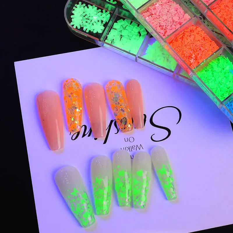 

Luminous Butterfly Heart Star Various Shapes Nail Art Sequins Glow in the Dark Neon Nail Glitter Flakes DIY Manicure Decorations