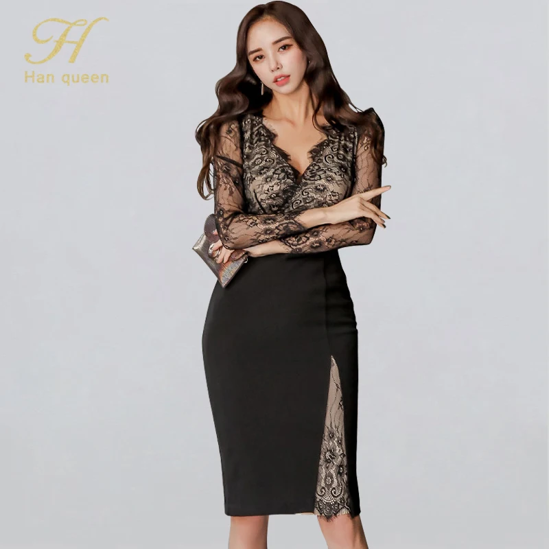 

Женское кружевное платье H Han Queen, облегающее платье-футляр с V-образным вырезом, Повседневное платье-карандаш, весна 2020
