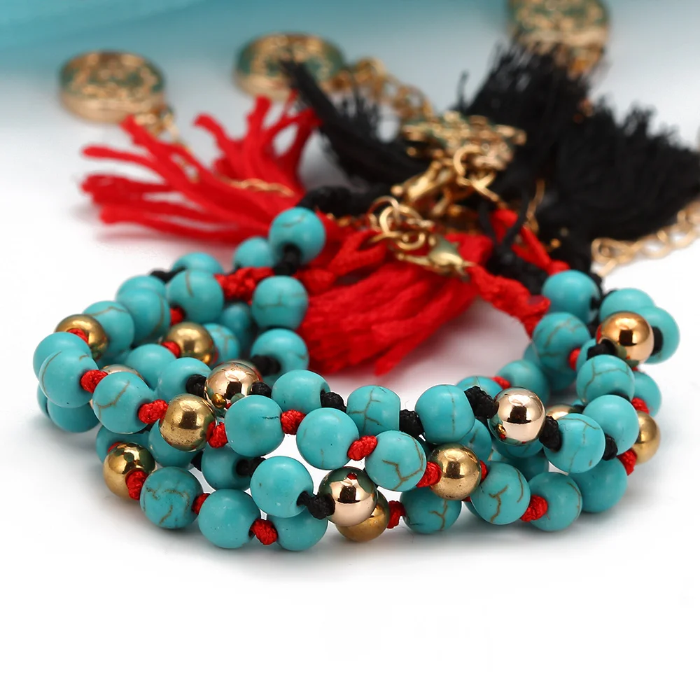 Горячая распродажа винтажный стиль голубая каменная бусина красная черная лента
