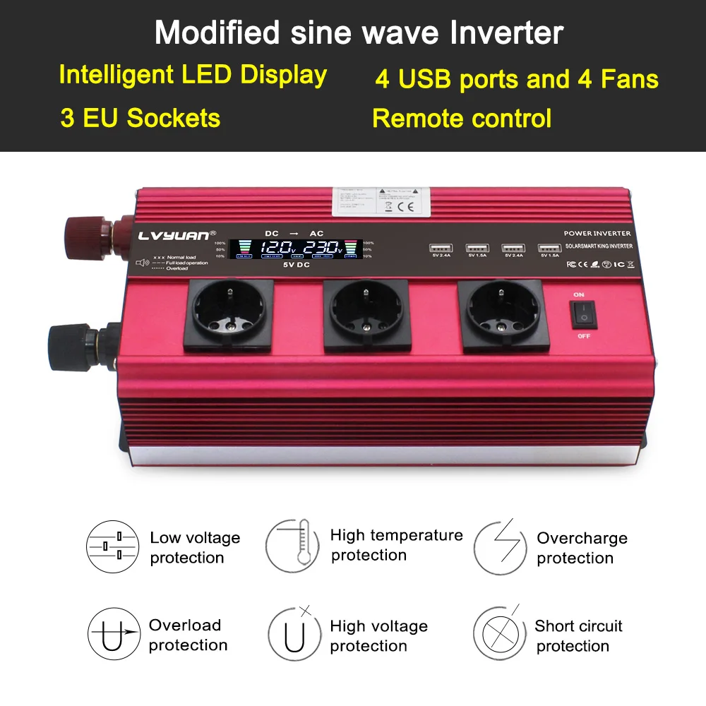 12000W power inverter DC 12V to AC 220V 230V Converter Supply Solar Power 4 USB 4 FAN with remote control EU/AU/UK/Universal ac 12000W power inverter DC 12V to AC 220V 230V Converter Supply Solar Power 4 USB 4 FAN with remote control EU/AU/UK/Universal ac