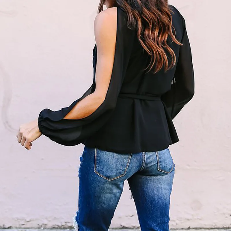 

Women Split Sleeves Chiffon Blouses Lady Office Deep V Collar Solid Shirt Woman Loose Tops Bow Sashes Blouses Shirts