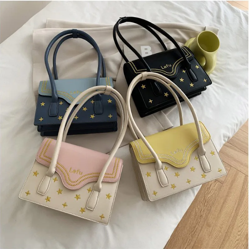 

Женская сумка через плечо, из мягкой кожи, розовая/желтая большая сумка с вышивкой в виде звезд, милые дизайнерские, Сумка с отделкой