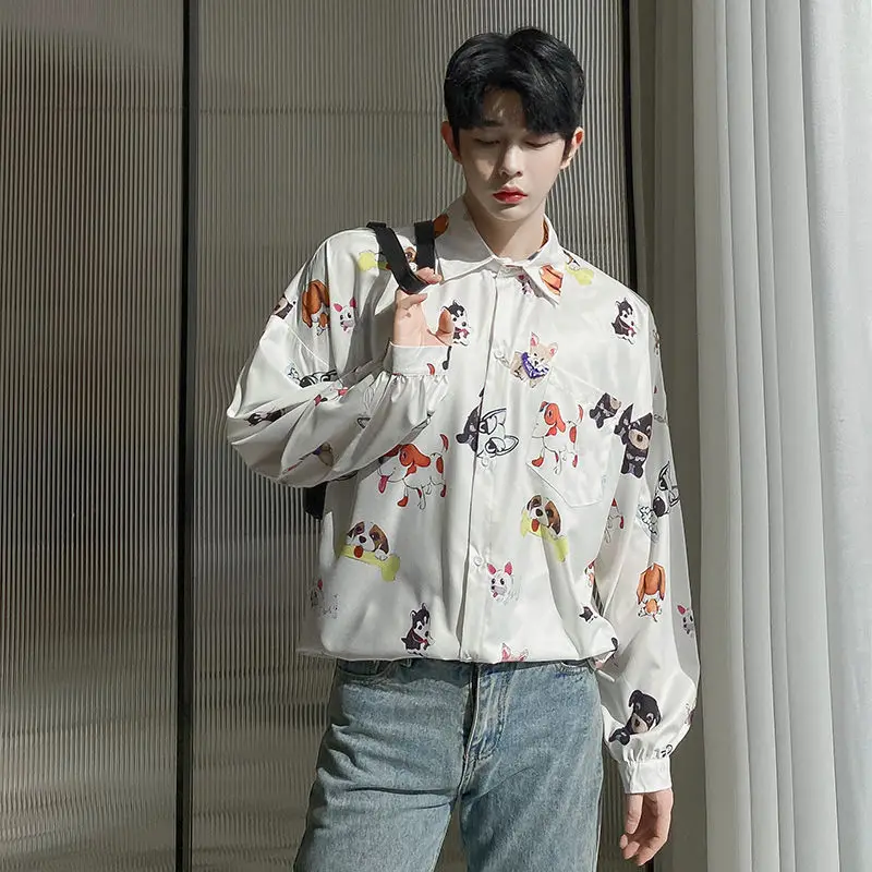 

Men's shirt spring and winter 2021 new slim cartoon animal print long-sleeved shirt loose casual fashion young men's clothing