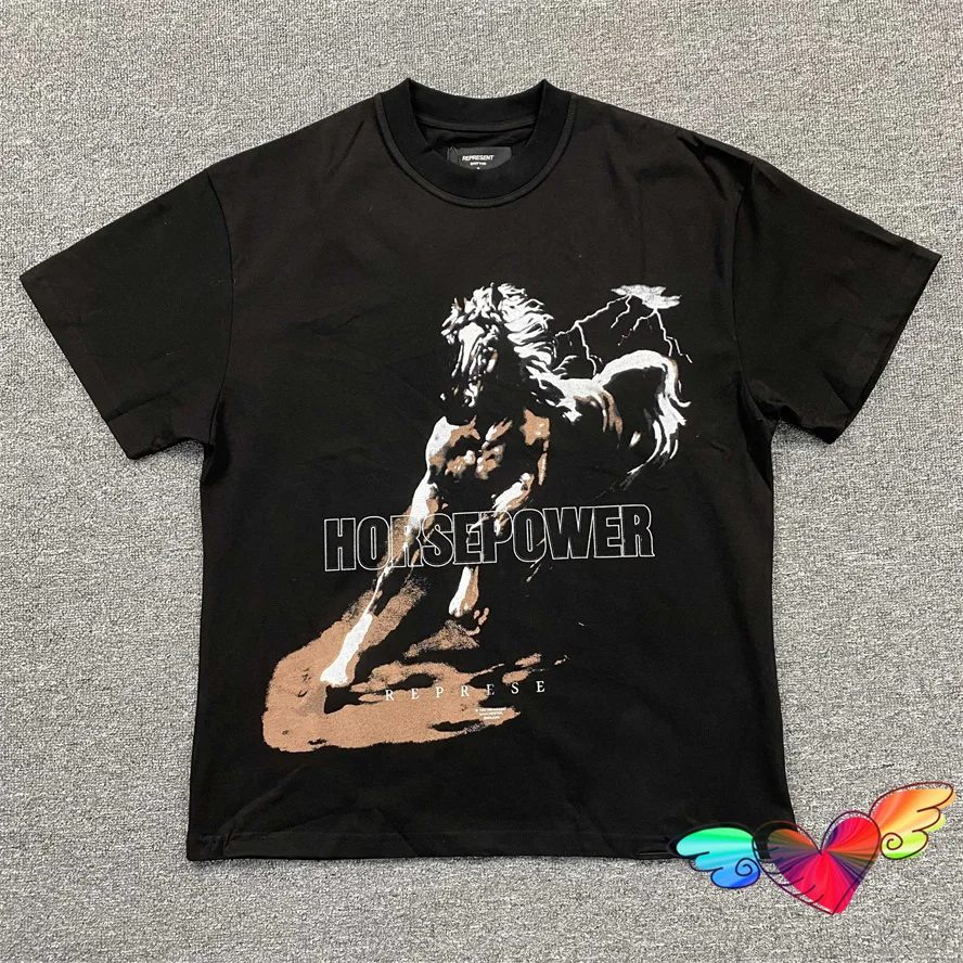 

Horsepower Represent Tee Men Women 1:1 High Quality Running Horse Graphic Represent T-shirt Vintage Tops Washed Short Sleeve
