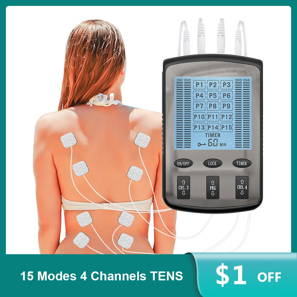 

15 Modes TENS Therapy Massager 4 Output Electric EMS Nerve Muscle Stimulator Digital Pulse Health Care Body Massage Device