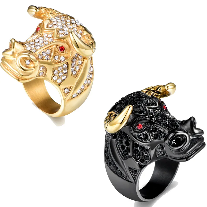 Miqiao нержавеющая сталь покрытая титаном золотом бык Окс голова хип-хоп кольца для мужчин, женщин, пар, друзей, подарков, ювелирных изделий, Bague Vi.