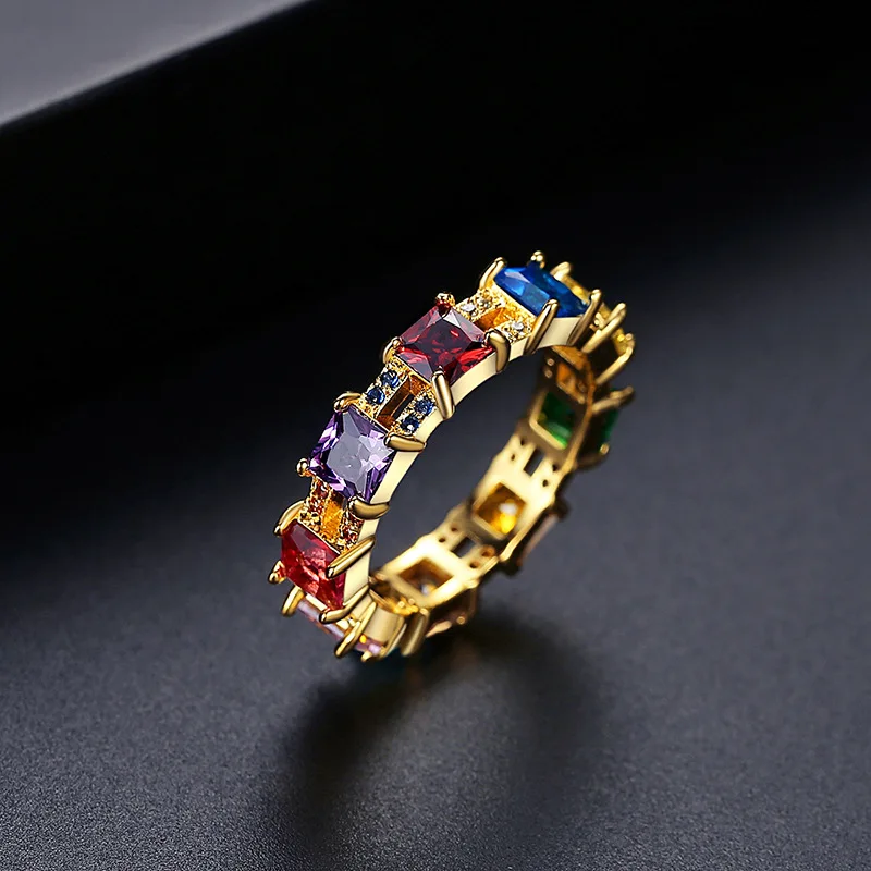 

Luxury Female Rainbow Crystal Stone Ring Charm Gold Color Thin Wedding Rings For Women Promise Geometry Zircon Engagement Ring