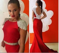 custom charming robe de soiree cap sleeve red mermaid 2018 formal evening gown beaded backless mother of the bride dresses