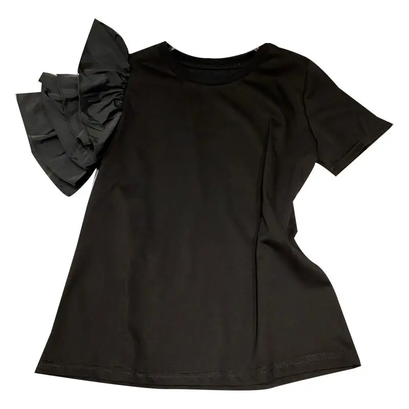

2021 Summer Women T Shirt New Designer's One Shoulder Petal Sleeve Round Neck Short Sleeve T-shirt