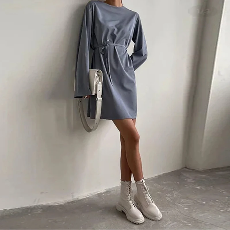 

Платье Muiches женское повседневное с расширяющимся книзу рукавом, базовое однотонное мини-платье с круглым вырезом и поясом для отдыха и офис...