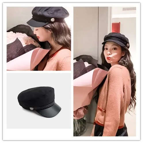 

kpop Blackpink Jennie same black Duck tongue flat top navy hat ladies Korean fashion beret retro British style sweet octagon cap