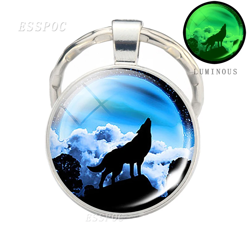 Glow in Dark Jewelry Howling Wolf Keychain Wolf Luminous Glass Cabochon Pendant Keyring Double Side Glass Ball Keychain