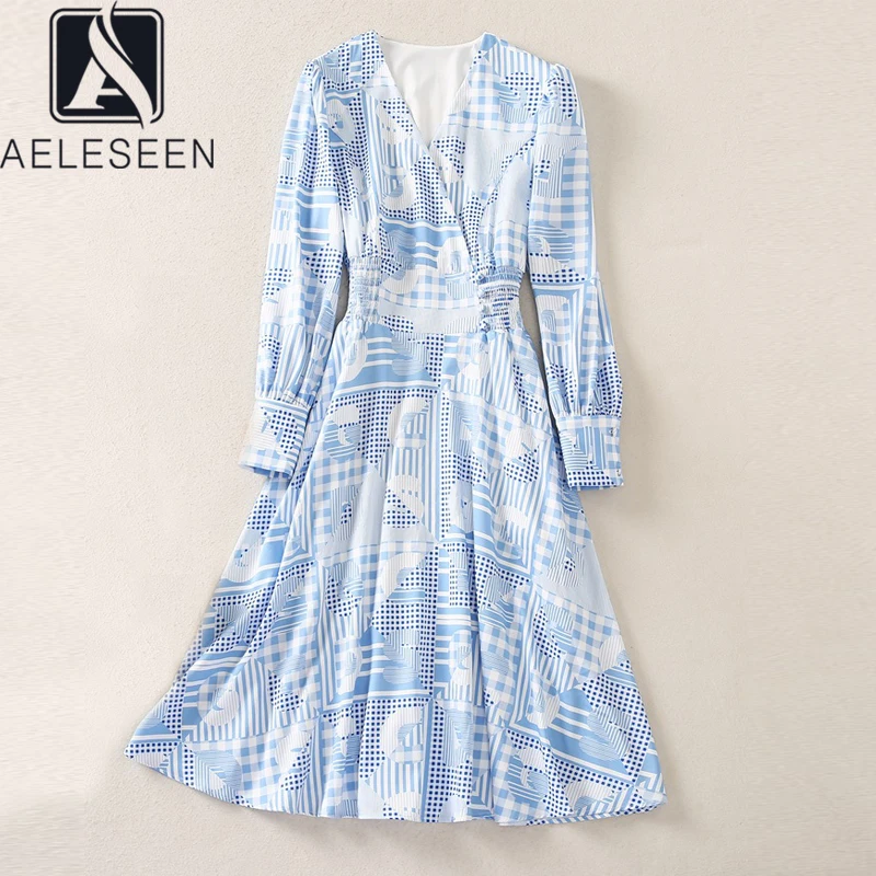 

AELESEEN Runway Fashion Women Blue Dress Autumn New V-Neck Waist Elastic Dots Geometric Print Long Party Elegant Dresses
