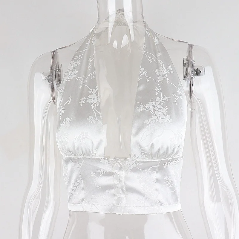 

Cryptographic Fashion Jacquard Halter Sexy Tops Women Summer Streetwear Breasted Button Sexy Backless Sleeveless Top Cropped