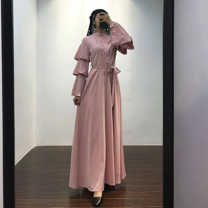 pink Черный Халат abaya Femme Дубай исламский, мусульманский рукав колокол платье Caftan восточный женский халат для женщин Омани Elbise платья Хиджаб одежда - Цвет: pink