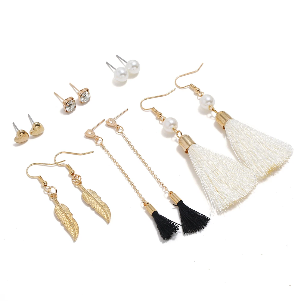 6 Pairs/Lot Imitation Pearl Heart Big Circle Tassel Drop Earrings Set For Women Leaf Flower Elephant Earring Ear Jewelry | Украшения и