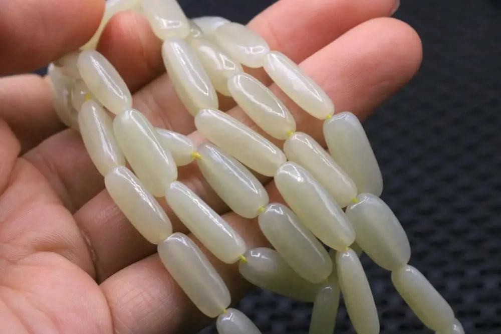 Большое сокровище о нити из 42 китайских винтажных белых нефритовых бусин в форме риса, ожерелье, амулет TCarving Town