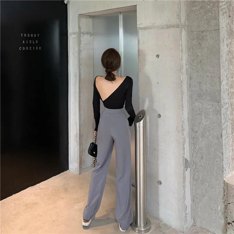 GRUIICEEN Sexy Autumn Long Sleeve T shirt for Women Backless Slim Top Tee Asymmetrical Skew Collar | Женская одежда