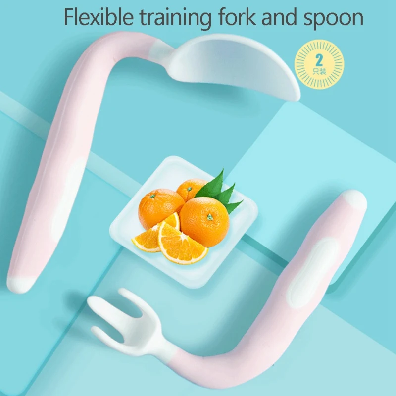 

Newborn Baby Feeding Spoon Fork Set Children Curved Handle Easy Grip Elbow Training Kit