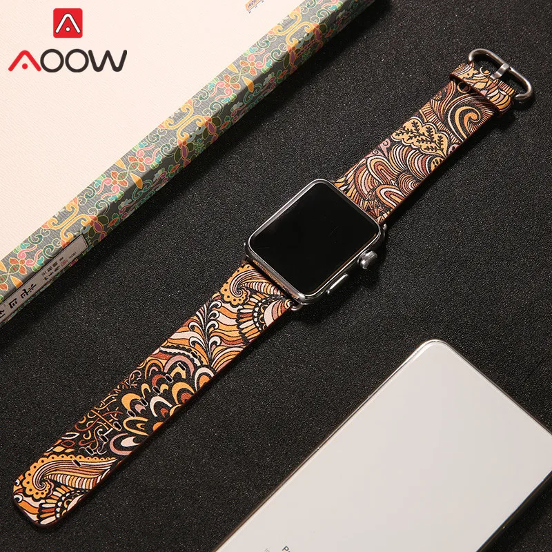Кожаный ремешок для часов Apple Watch 38 мм 42 мм 40 мм 44 мм цветочный ремешок с цветочным принтом Национальный стиль браслет для iwatch 1 2 3 4
