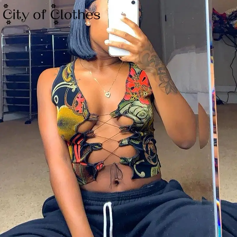 

2021 Sleeveless Print Cut Out Bandage Sexy Tube Crop Top Summer Autumn Women Fashion Outfits Slim T-shirts Club Tees Streetwear
