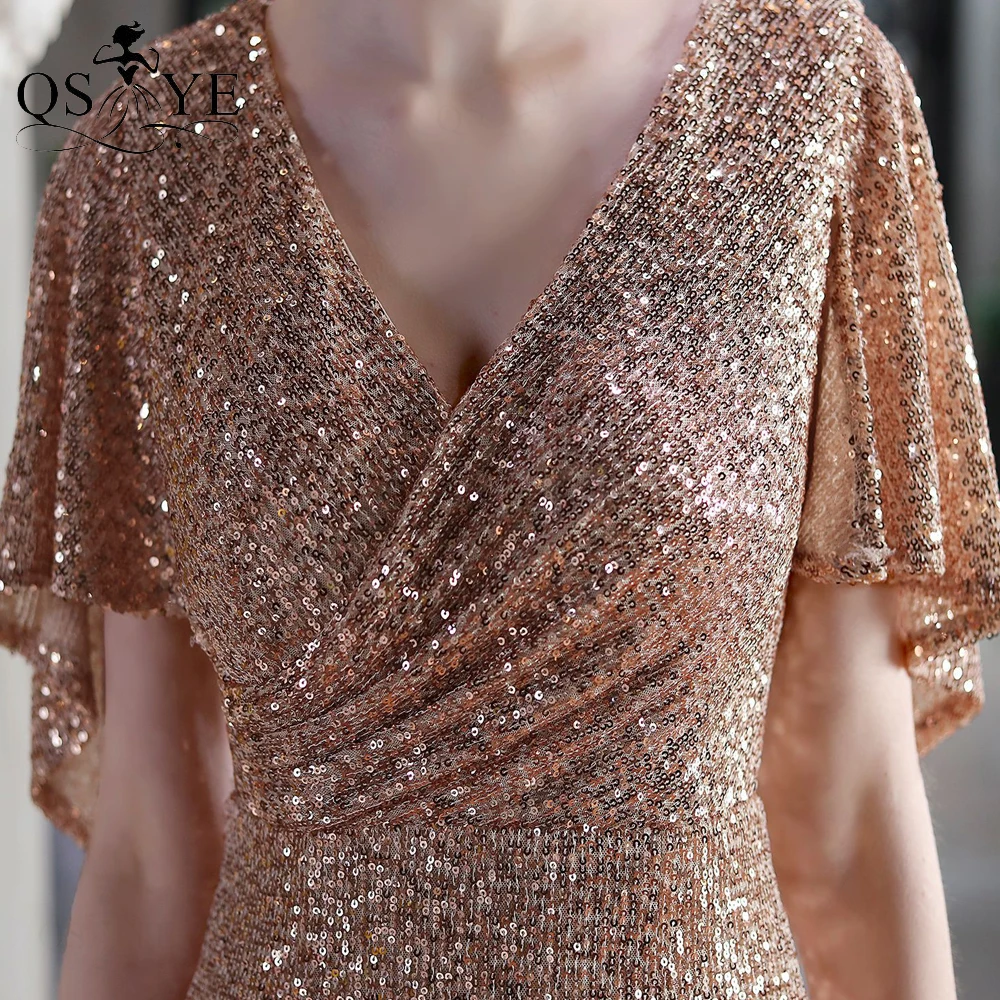 

Short Gold Prom Dresses Bat Sleeves Sheath Mini Evening Gown V Neck Sequin Party Formal Gown Fit Stretch Women Short Dress