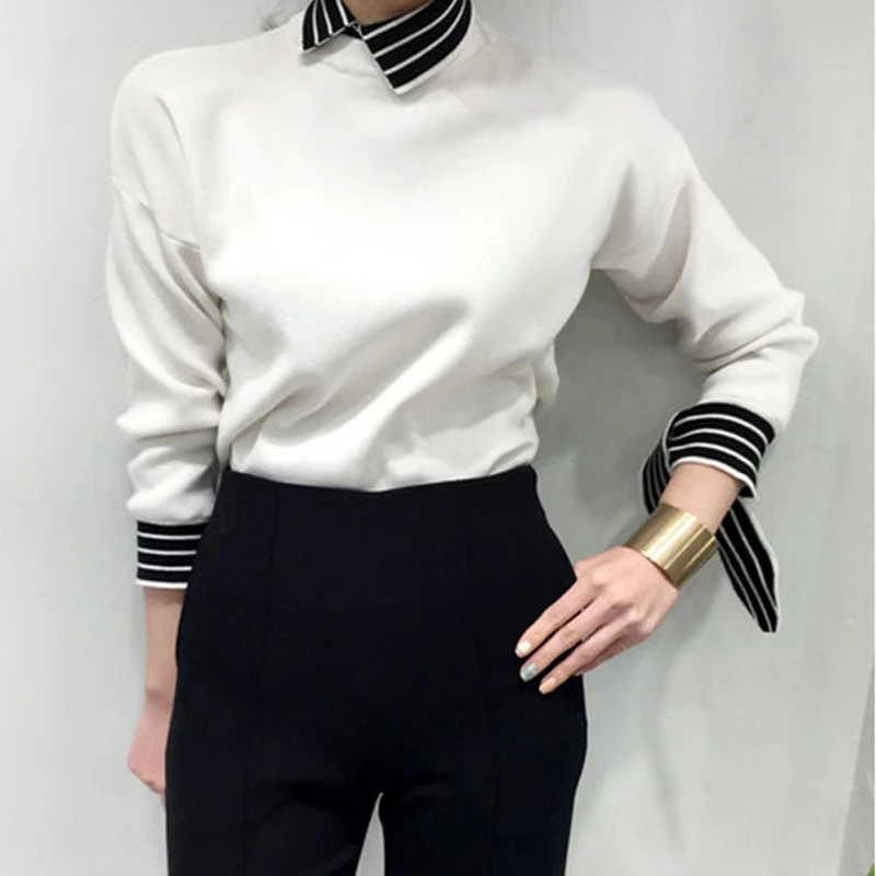 RealShe лоскутный свитер женский с отложным воротником бантом Женский пуловер 2020