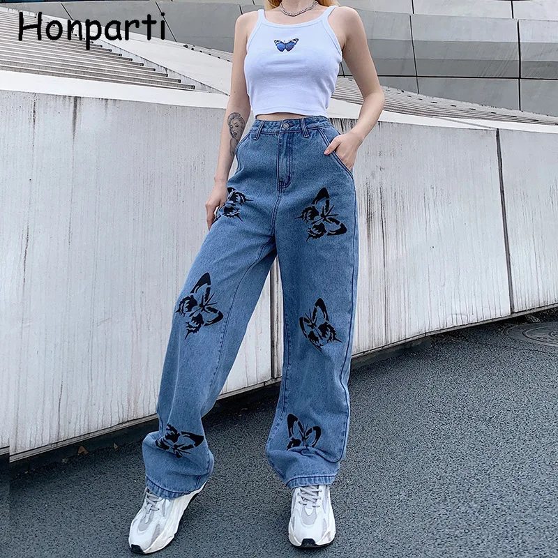 

Butterfly Printed Denim Straight Loose Jeans Pants Autumn Winter Women Streetwear Harajuku Pockets Long Trousers High Waist