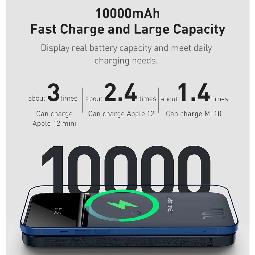 Baseus 10000 мАч Power Bank PD QC Быстрая зарядка Powerbank Беспроводная для Samsung iPhone 12 13 Магнитная