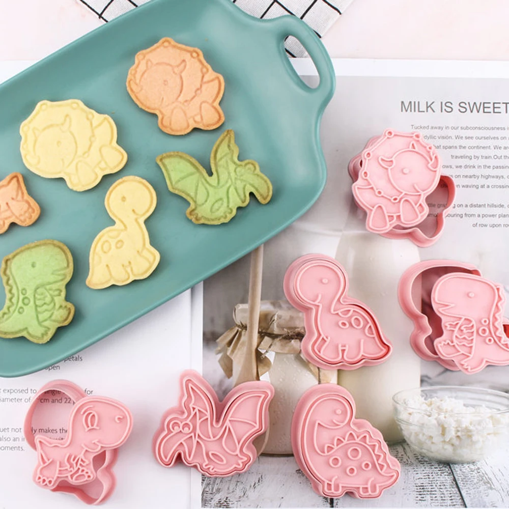 

6Pcs/set Dinosaur Shape Cookie Cutters Plastic 3D Cartoon Pressable Biscuit Mold Cookie Stamp Kitchen Baking Pastry Bakeware