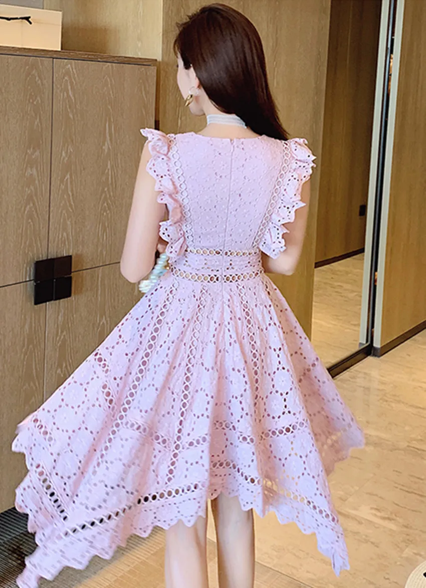 

New Arrival High Quality Sweet Elegant Summer Sexy Ruffles Pleats Dress Women's See Through Embroidery Chic Dresses Vestidos