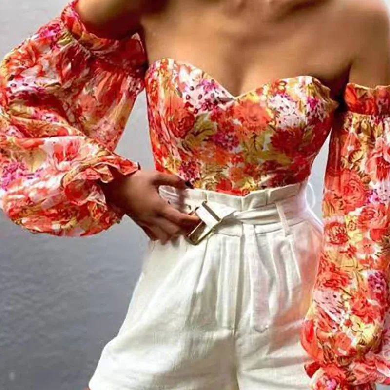 

Пикантный летний укороченный топ с открытыми плечами и оборками, модная женская Праздничная пляжная рубашка с открытыми плечами, рукавами-...