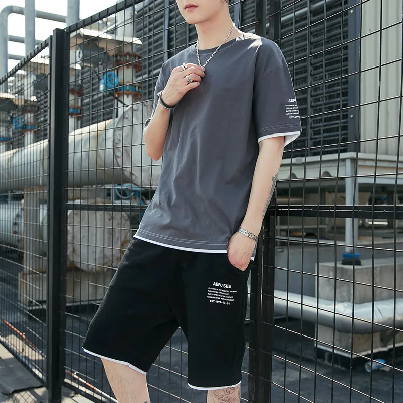 

Cotton casual suit men's summer 2021 short sleeve T-shirt backing shirt shorts top sports two piece men's suit