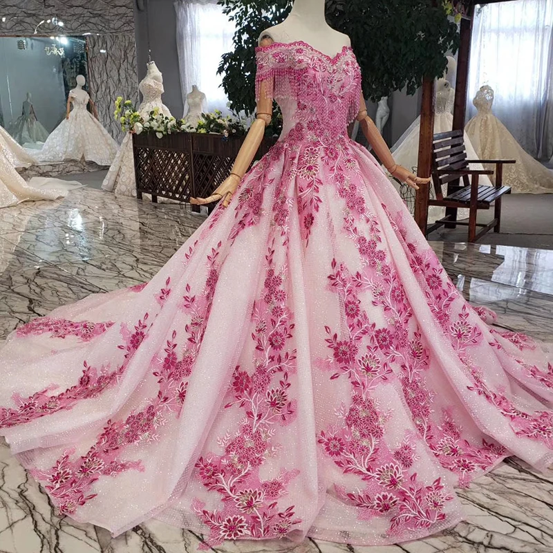 BGW 3230ht A-line Pink Evening Dress 2020 Flower Off The Shoulder Beaded Tassel Lace Up Back Lace Evening Formal Dress For Women