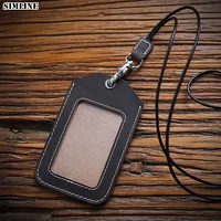simline genuine leather card holder vintage handmade employee id pass card name card cover tag work badge case with neck lanyard