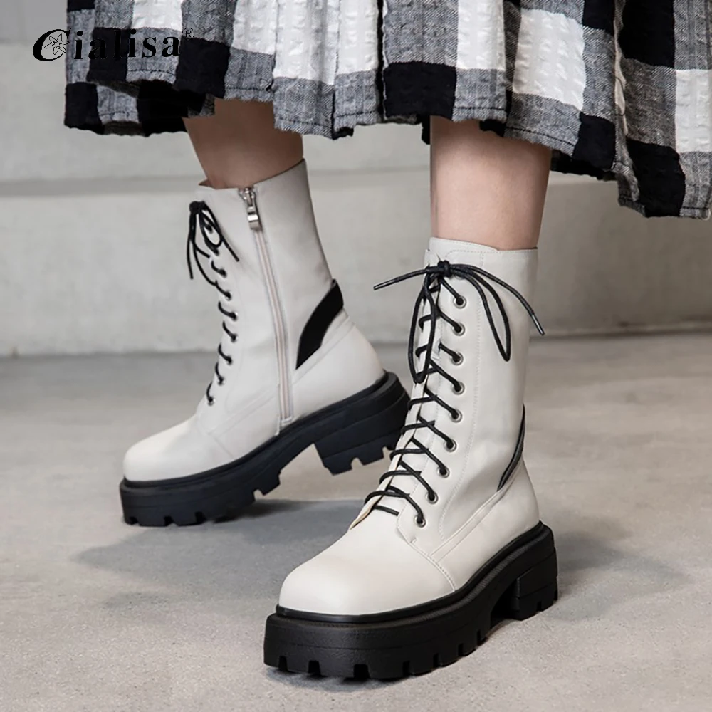 

Новинка осенне-зимняя обувь Kanseet из натуральной кожи Высококачественные ботинки на массивном каблуке 2020 модные ботинки со шнуровкой на пла...