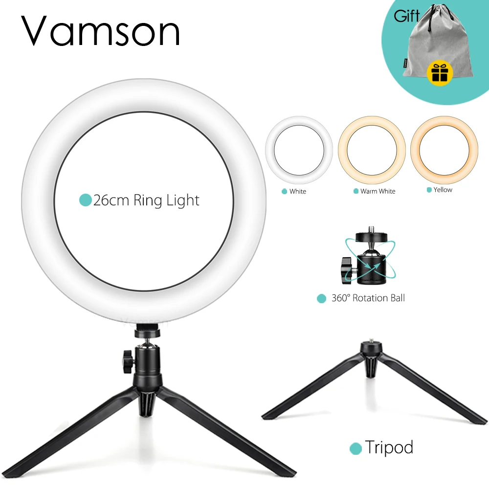 

Кольцевой светильник Vamson, 10 дюймов, кольцевой светильник для селфи с регулируемой яркостью, светодиодный светильник для записи видео на ...