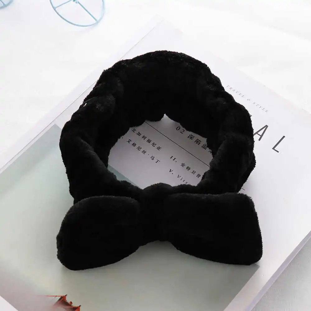 black 1 шт., женская модная повязка для волос из кораллового флиса с бантом, повязка на голову для девочек, одноцветная тюрбан, Мягкая повязка для макияжа лица, аксессуары для волос - Цвет: black